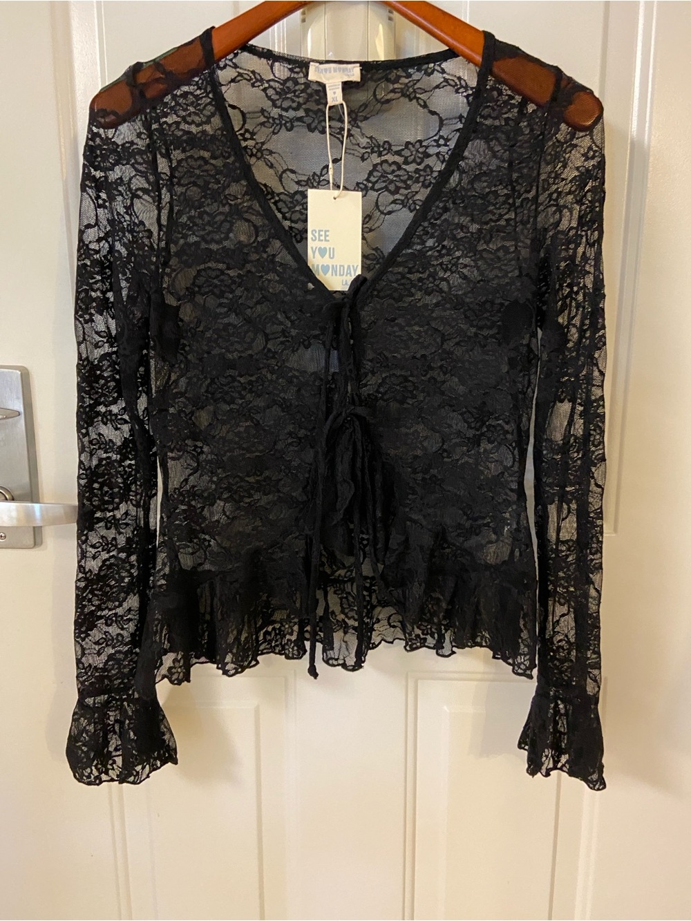 🖤 Sheer Lace Tie-Front Ruffle Top🖤